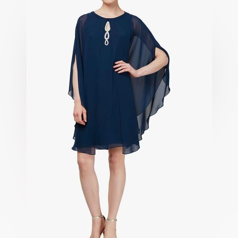 NWT SLNY Royal Blue Chiffon Dress with Cape Overlay Size 8 1123